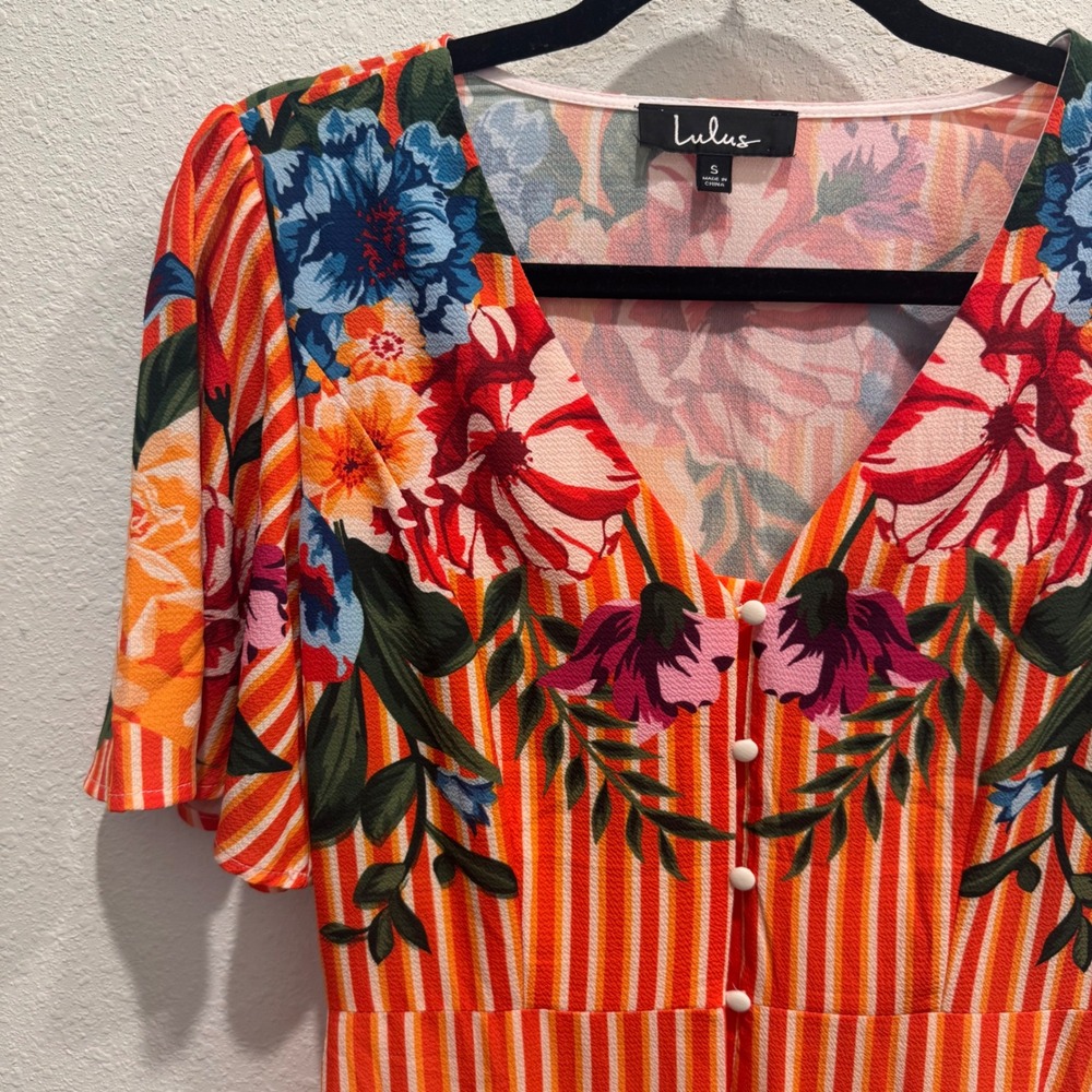 Lulu's Roam the Riviera Orange Multi Striped Button-Up Maxi Dress Size Small EUC - Picture 11 of 15
